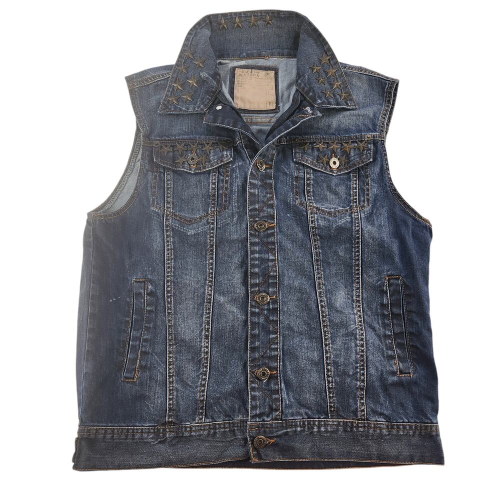 Vintage Y2k Denim Studded Vest Mens XL Jeans Stars Dark Wash Abrasion Grunge